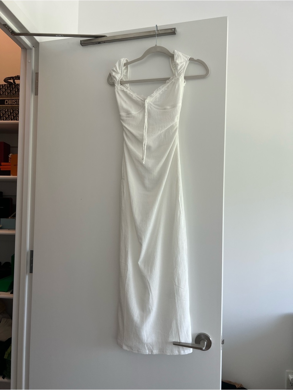 Bershka White Ruched-Shoulder Maxi Dress